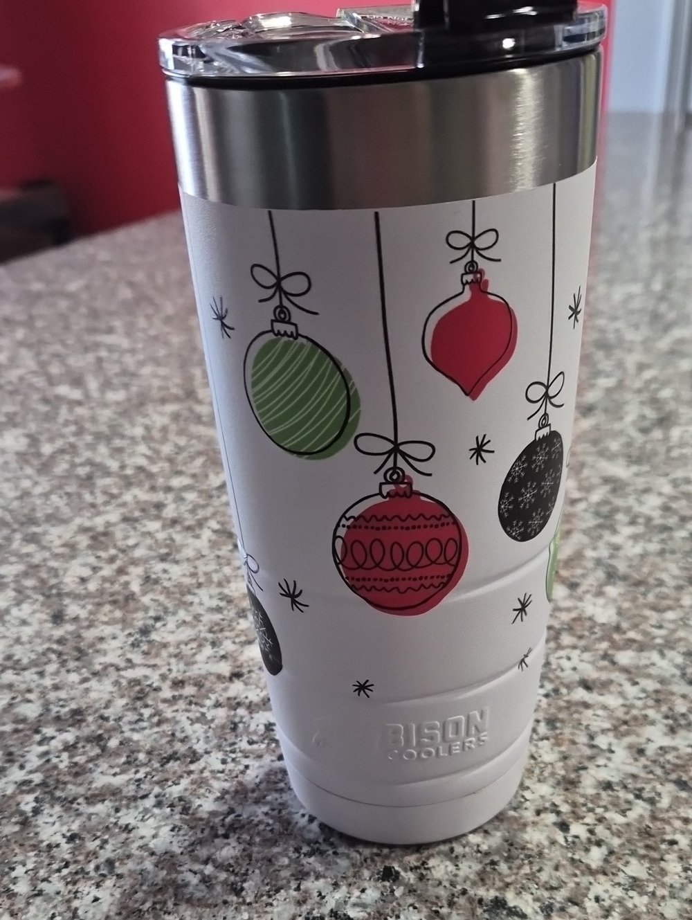 Bison Coolers White Holiday Ornament Tumbler in Red & Green